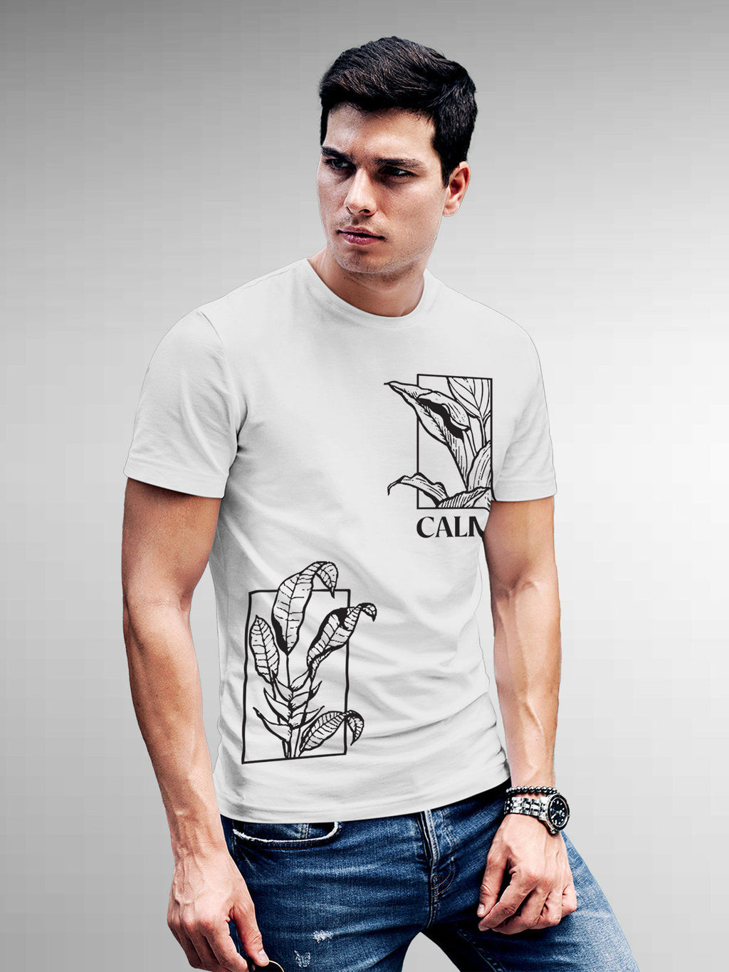 Model wearing Men's White Round Neck T-shirt with 'Calm' design, offering effortless style and premium comfort
