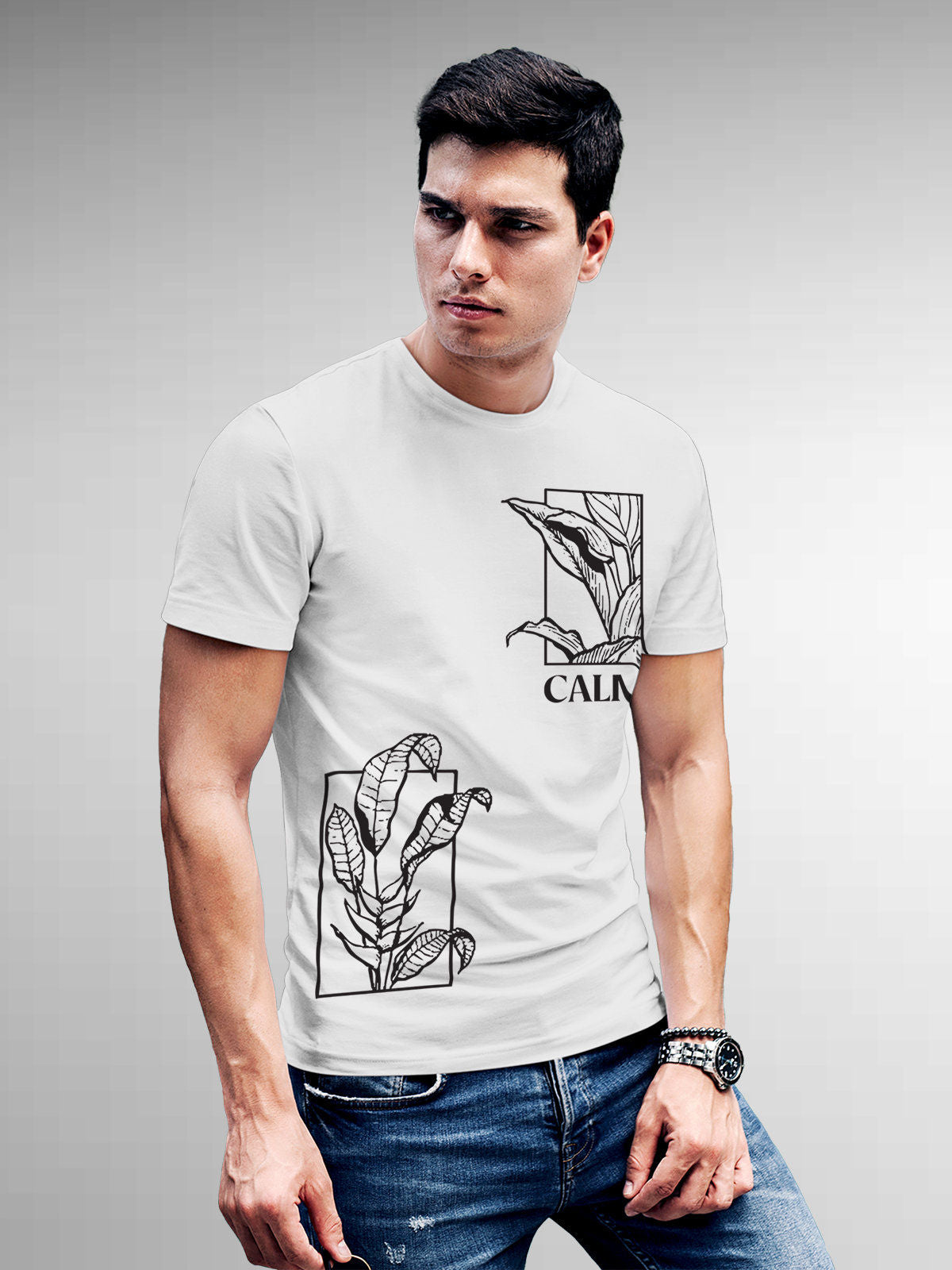 Model wearing Men's White Round Neck T-shirt with 'Calm' design, offering effortless style and premium comfort