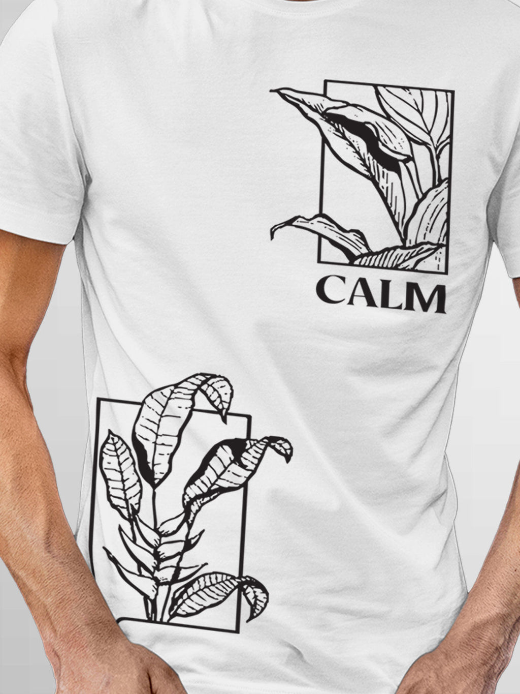 Close up of 'Calm' design on Men's White Round Neck T-shirt, highlighting intricate details and vibrant print.