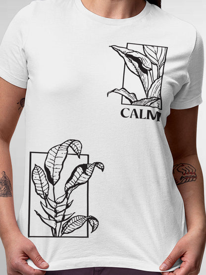 Close up of 'Calm' design on Women's White Round Neck T-shirt, highlighting intricate details and vibrant print.
