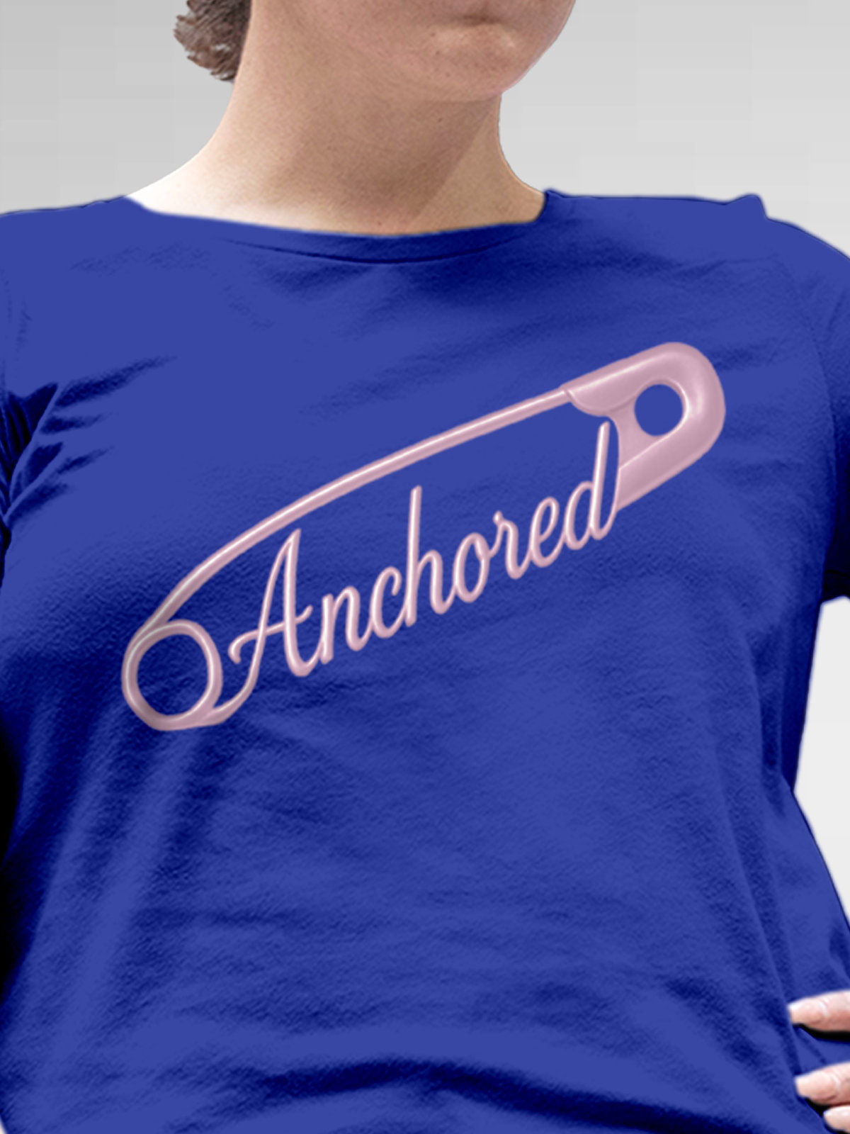 Close up of 'Anchored' design on Women's Blue Round Neck T-shirt, highlighting intricate details and vibrant print.