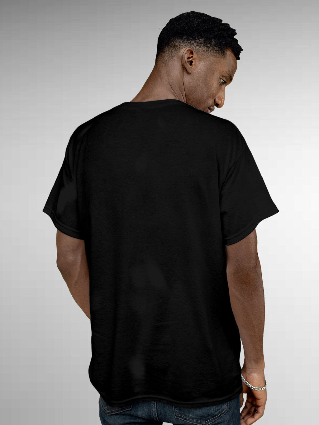 Back view of Fighterhero Men's Black Round Neck T-shirt, highlighting the modern look and clean finish