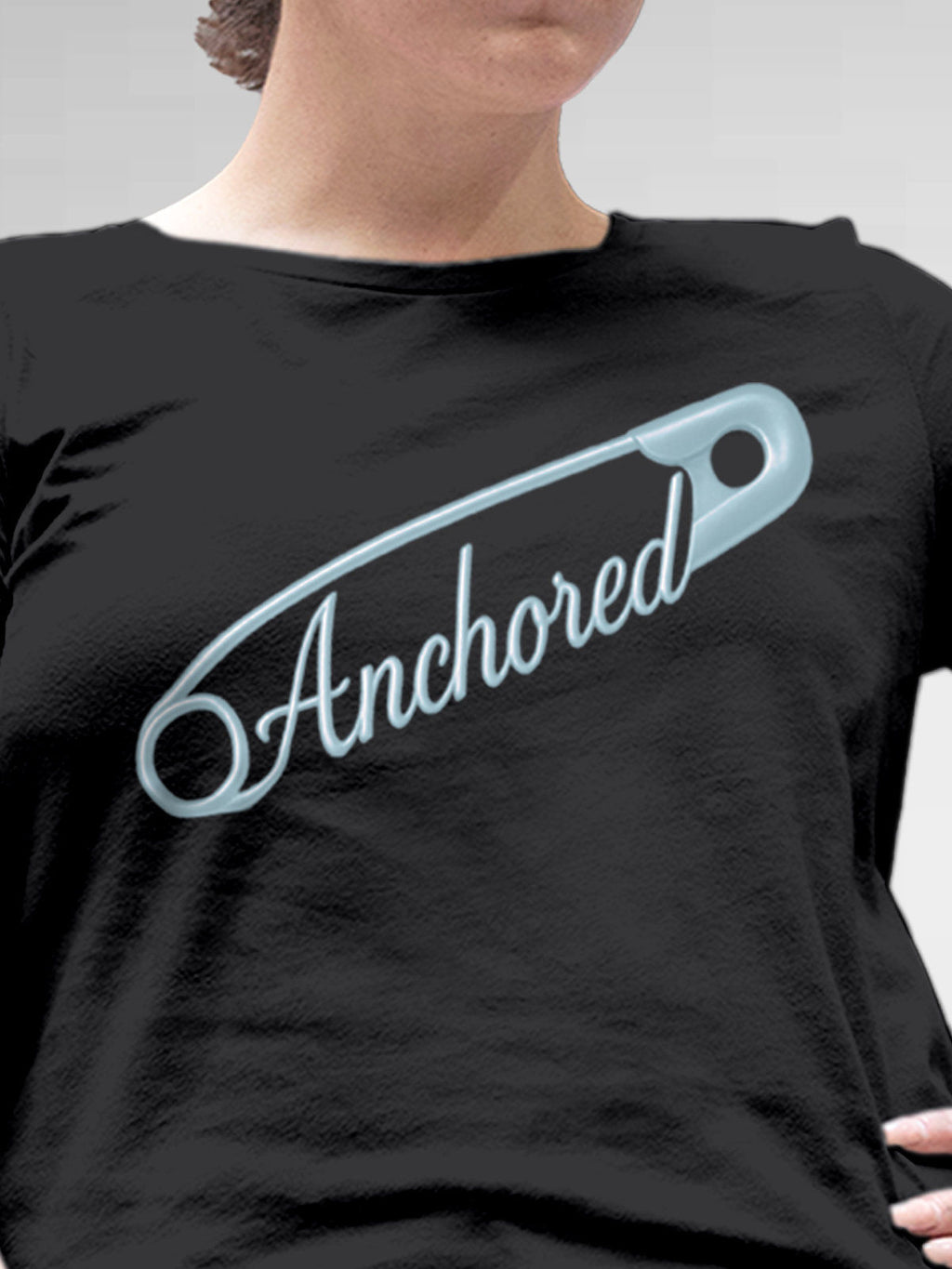 Close up of 'Anchored' design on Women's Dark Grey Round Neck T-shirt, highlighting intricate details and vibrant print.
