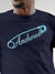 Close up of 'Anchored' design on Men's Navy Blue Round Neck T-shirt, highlighting intricate details and vibrant print.