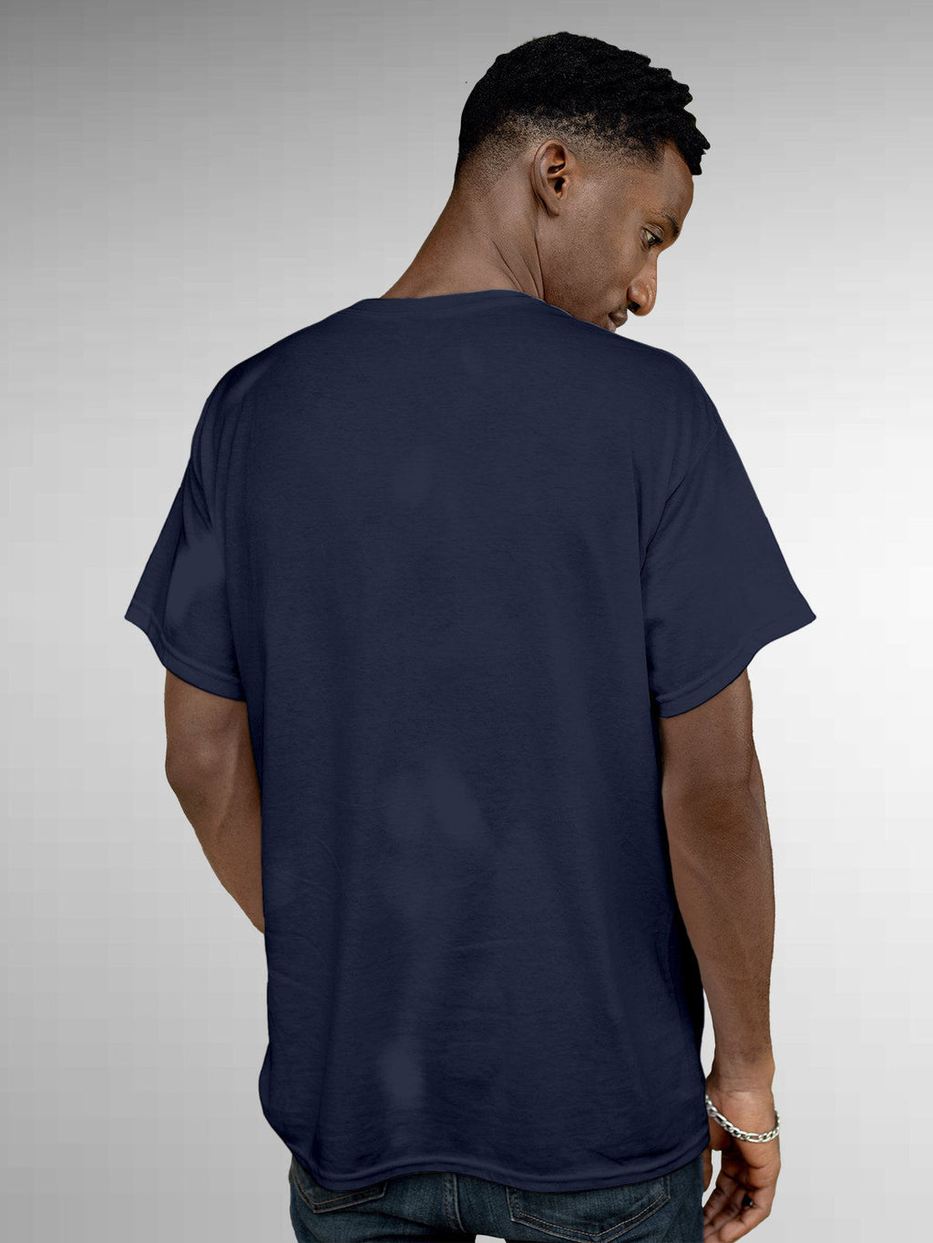 Back view of Fighterhero Men's Navy Blue Round Neck T-shirt, highlighting the modern look and clean finish