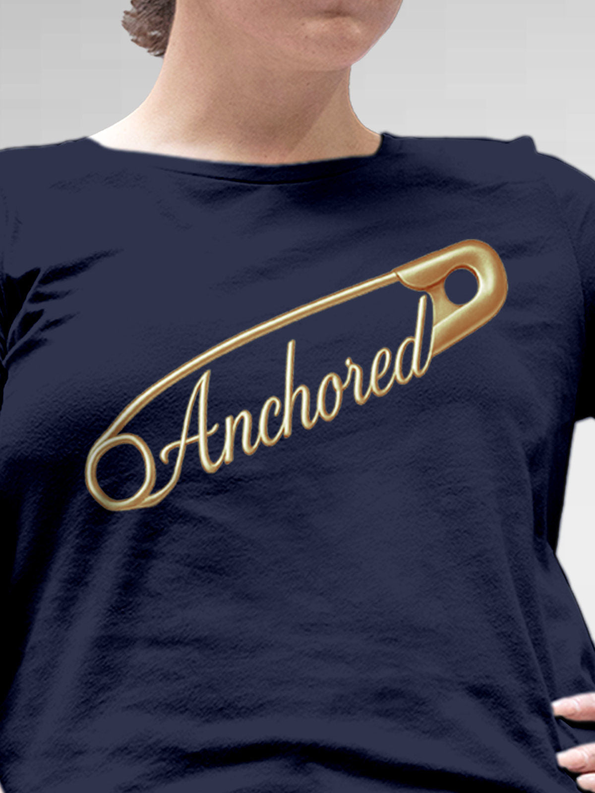 Close up of 'Anchored' design on Women's Navy Blue Round Neck T-shirt, highlighting intricate details and vibrant print.