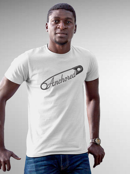 Model wearing Men's White Round Neck T-shirt with 'Anchored' design, offering effortless style and premium comfort