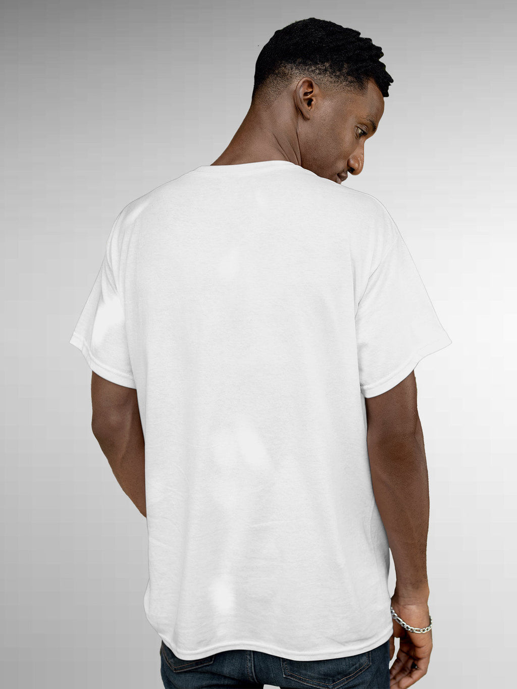 Back view of Fighterhero Men's White Round Neck T-shirt, highlighting the modern look and clean finish