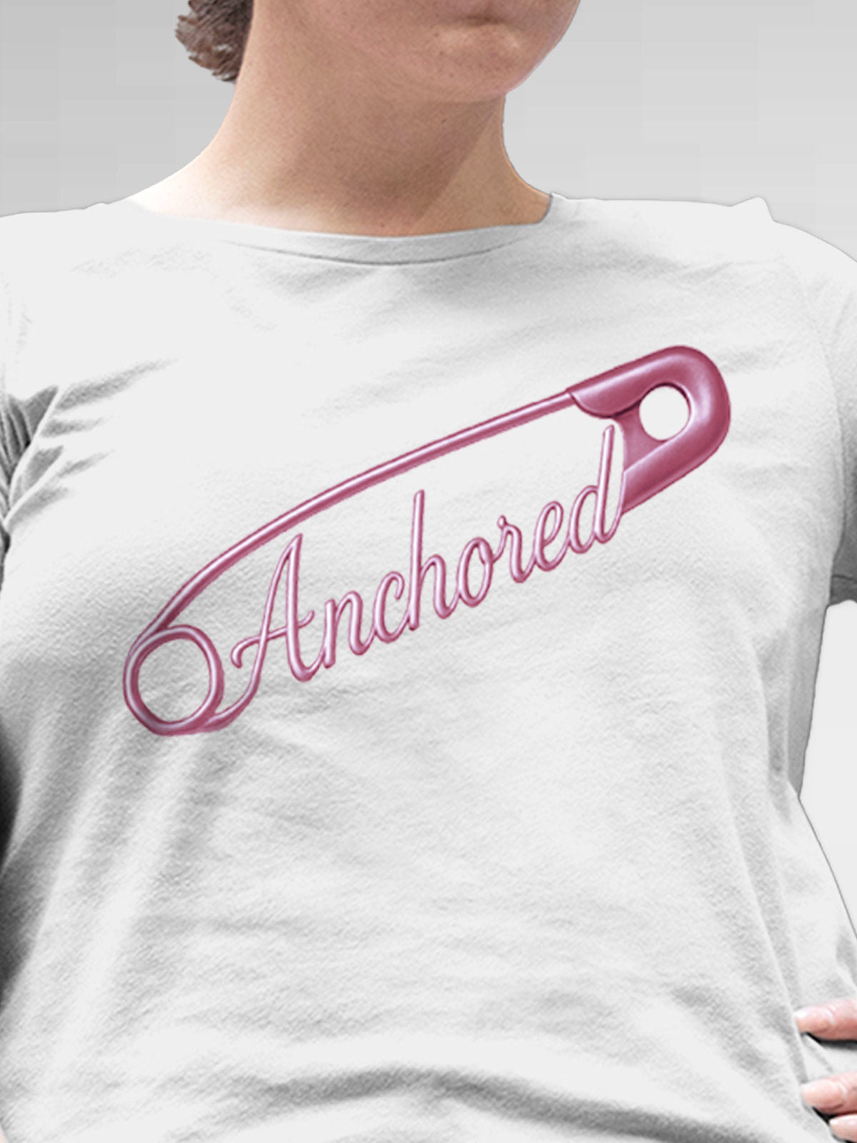 Close up of 'Anchored' design on Women's White Round Neck T-shirt, highlighting intricate details and vibrant print.