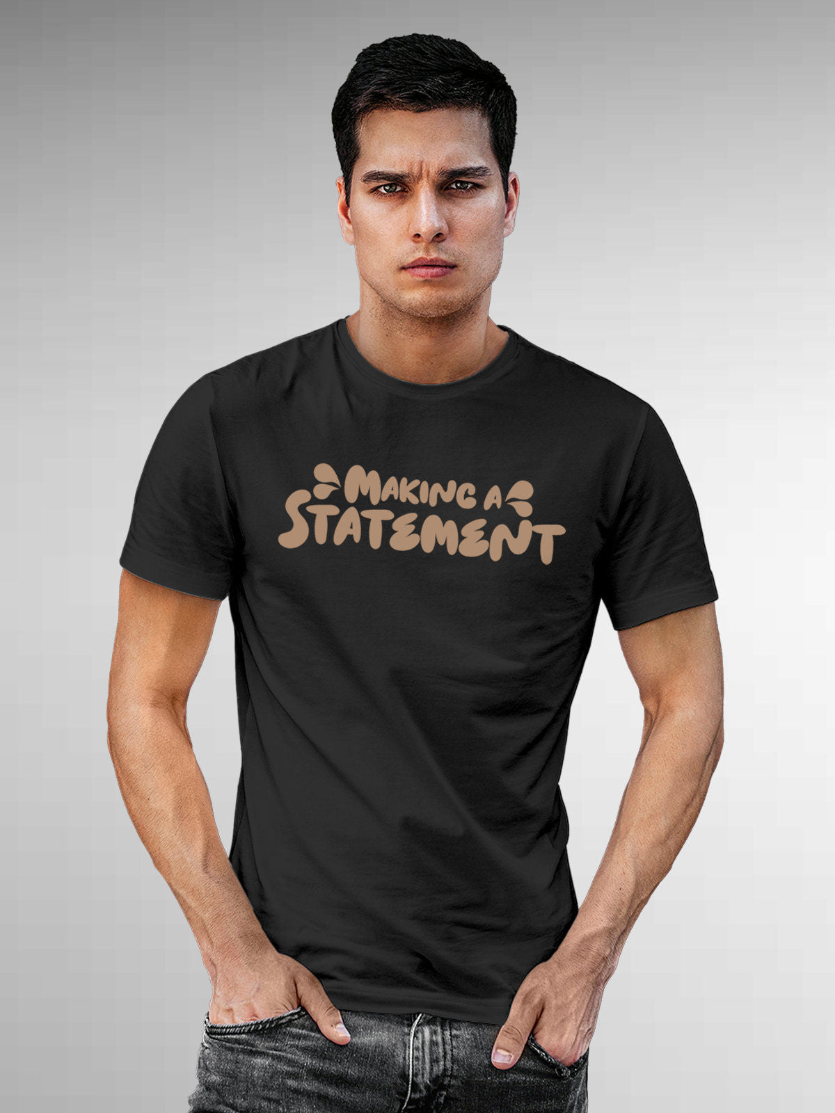 Model wearing Men's Dark Grey Round Neck T-shirt with 'Making A Statement' design, offering effortless style and premium comfort