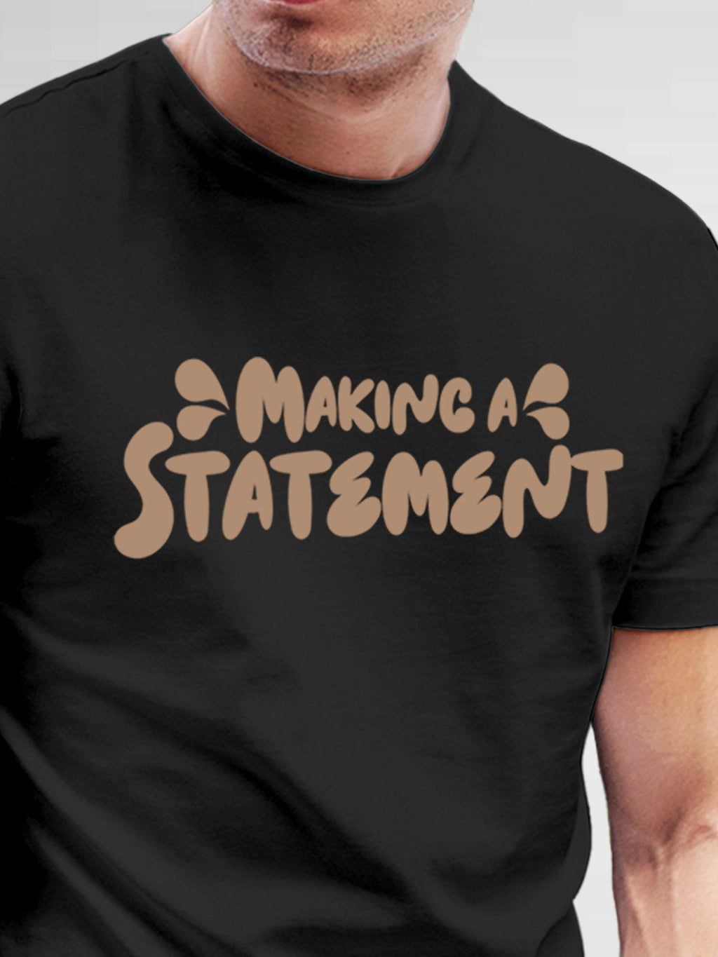 Close up of 'Making A Statement' design on Men's Dark Grey Round Neck T-shirt, highlighting intricate details and vibrant print.