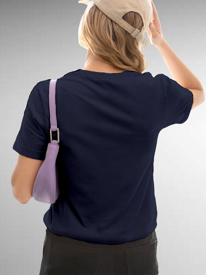Back view of Fighterhero Women's Navy Blue Round Neck T-shirt, highlighting the modern look and clean finish