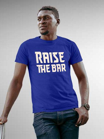Front view of 'Raise The Bar' design on Fighterhero Men's Blue Round Neck T-shirt, highlighting the modern look and clean finish