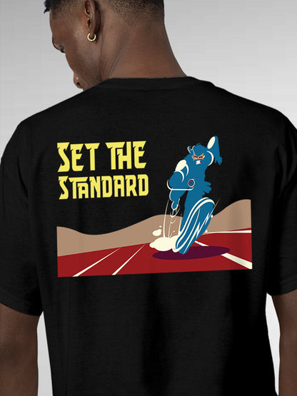 Close up of 'Set The Standard' design on Men's Black Round Neck T-shirt, highlighting intricate details and vibrant print.