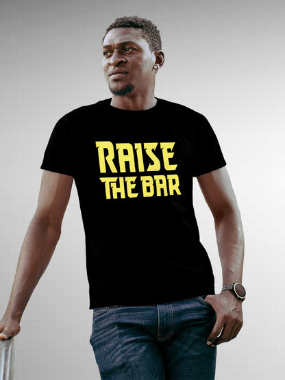 Front view of 'Raise The Bar' design on Fighterhero Men's Black Round Neck T-shirt, highlighting the modern look and clean finish