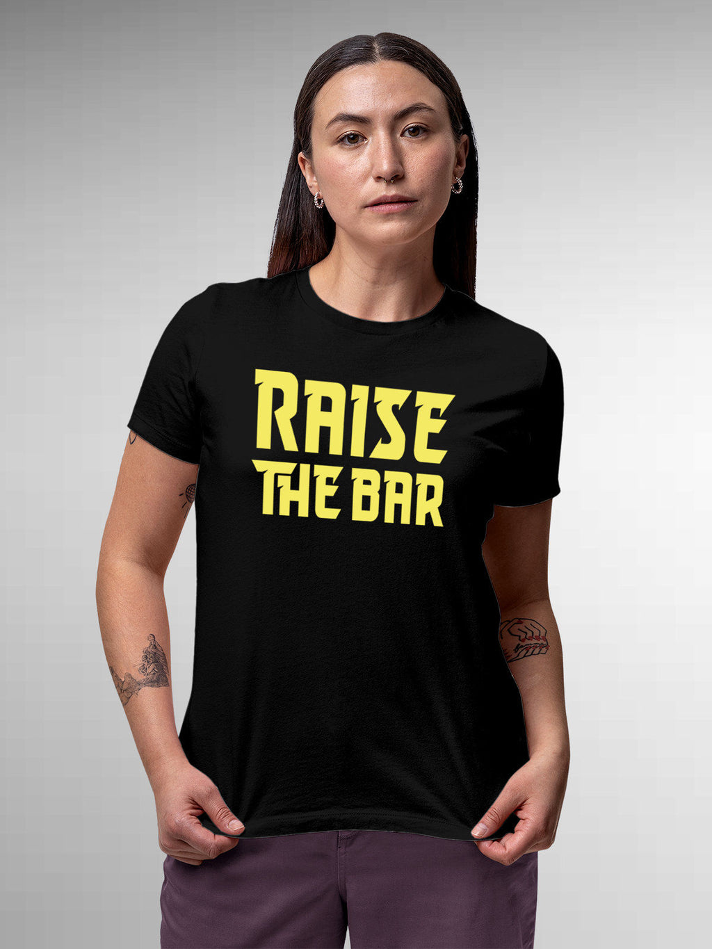 Front view of 'Raise The Bar' design on Fighterhero Women's Black Round Neck T-shirt, highlighting the modern look and clean finish