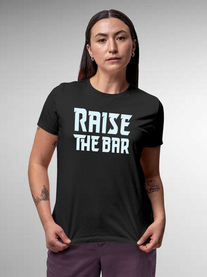 Front view of 'Raise The Bar' design on Fighterhero Women's Dark Grey Round Neck T-shirt, highlighting the modern look and clean finish