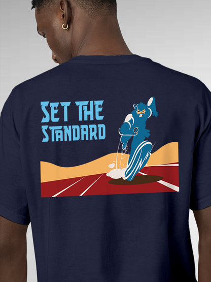 Close up of 'Set The Standard' design on Men's Navy Blue Round Neck T-shirt, highlighting intricate details and vibrant print.