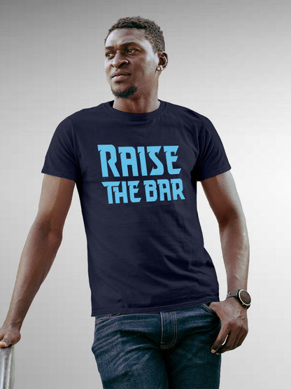 Front view of 'Raise The Bar' design on Fighterhero Men's Navy Blue Round Neck T-shirt, highlighting the modern look and clean finish