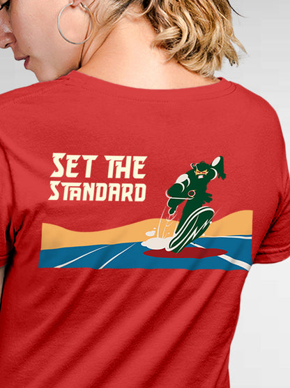 Close up of 'Set The Standard' design on Women's Red Round Neck T-shirt, highlighting intricate details and vibrant print.