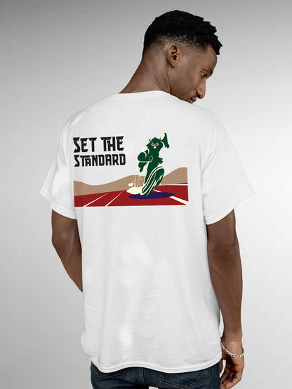 Model wearing Men's White Round Neck T-shirt with 'Set The Standard' design, offering effortless style and premium comfort