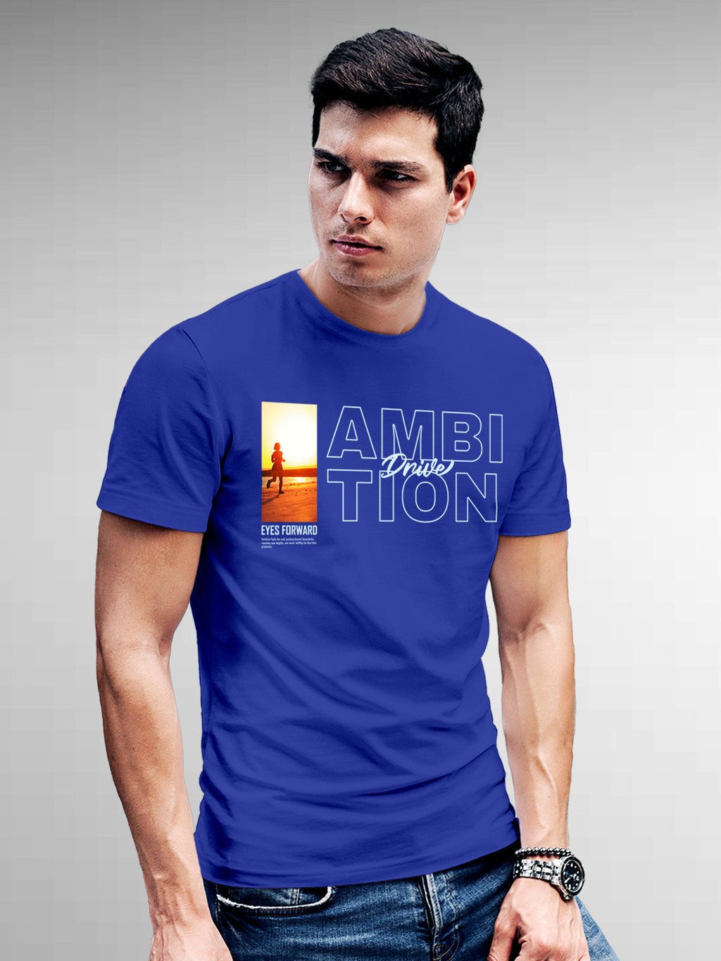 Model wearing Men's Blue Round Neck T-shirt with 'Ambition & Drive' design, offering effortless style and premium comfort