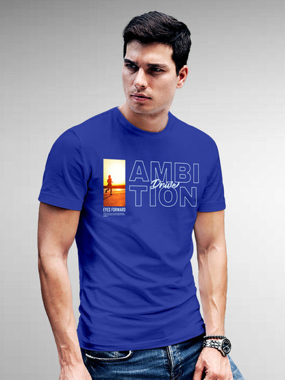 Model wearing Men's Blue Round Neck T-shirt with 'Ambition & Drive' design, offering effortless style and premium comfort
