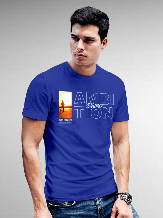 Model wearing Men's Blue Round Neck T-shirt with 'Ambition & Drive' design, offering effortless style and premium comfort