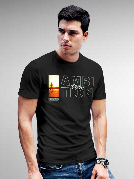Model wearing Men's Dark Grey Round Neck T-shirt with 'Ambition & Drive' design, offering effortless style and premium comfort