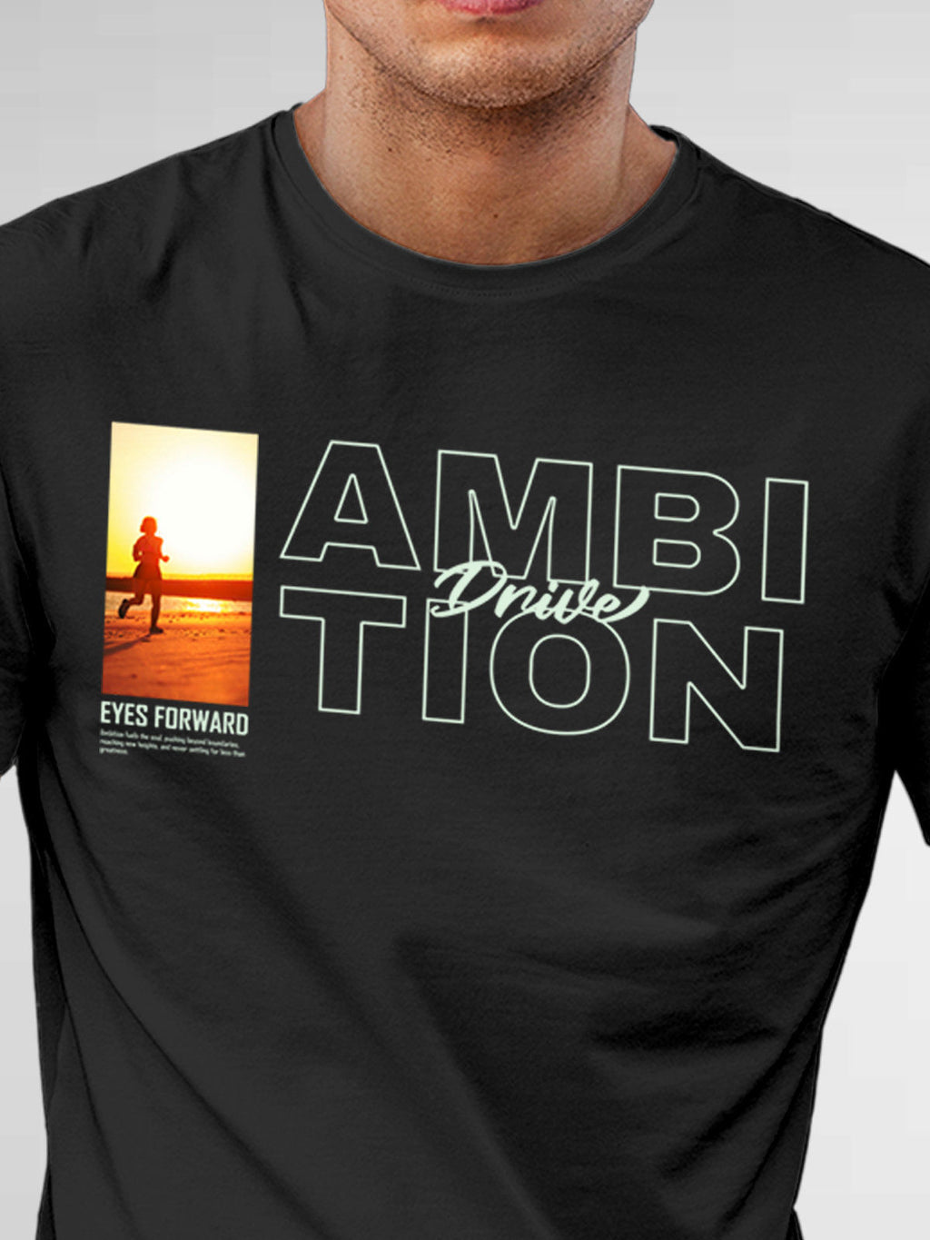 Close up of 'Ambition & Drive' design on Men's Dark Grey Round Neck T-shirt, highlighting intricate details and vibrant print.