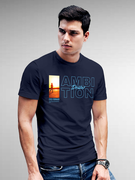 Fighterhero T-shirts: Model wearing Men's Navy Blue Round Neck T-shirt with 'Ambition & Drive' design
