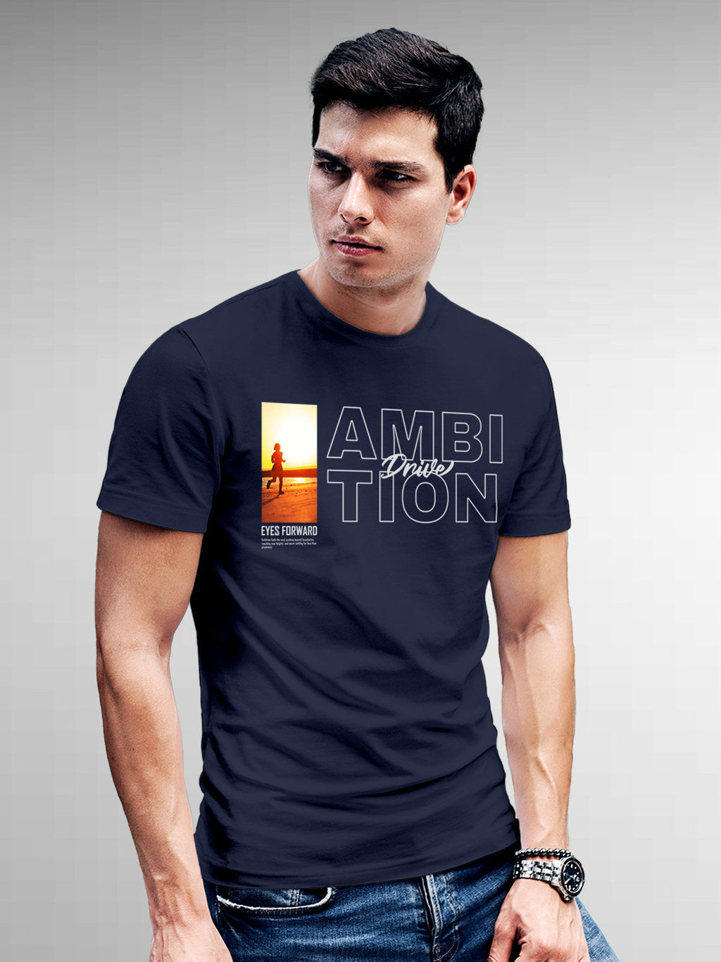 Model wearing Men's Navy Blue Round Neck T-shirt with 'Ambition & Drive' design, offering effortless style and premium comfort