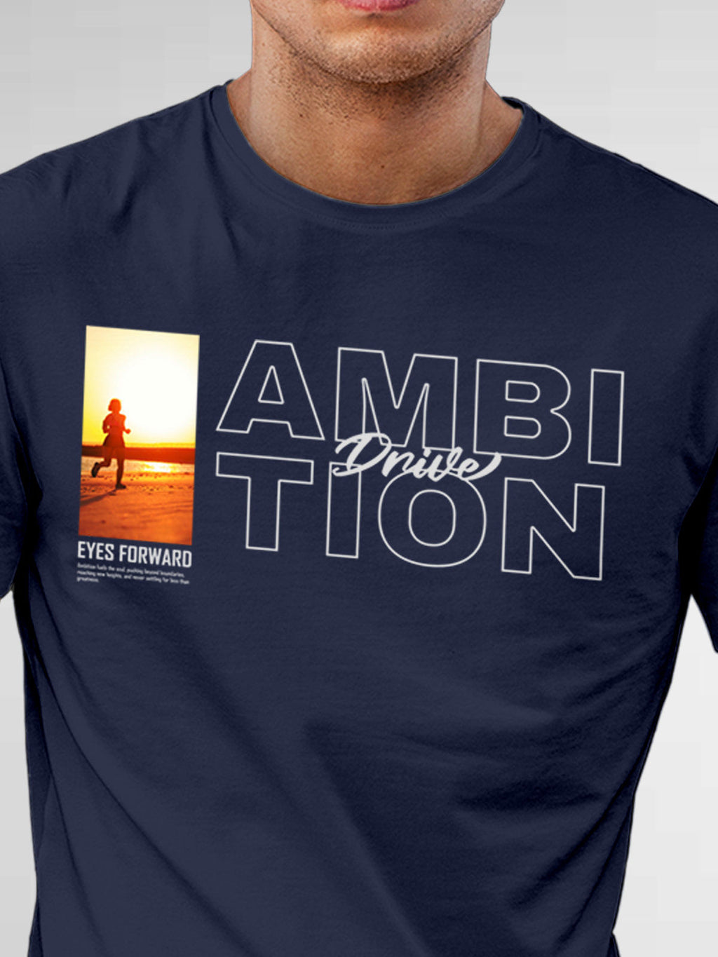 Close up of 'Ambition & Drive' design on Men's Navy Blue Round Neck T-shirt, highlighting intricate details and vibrant print.