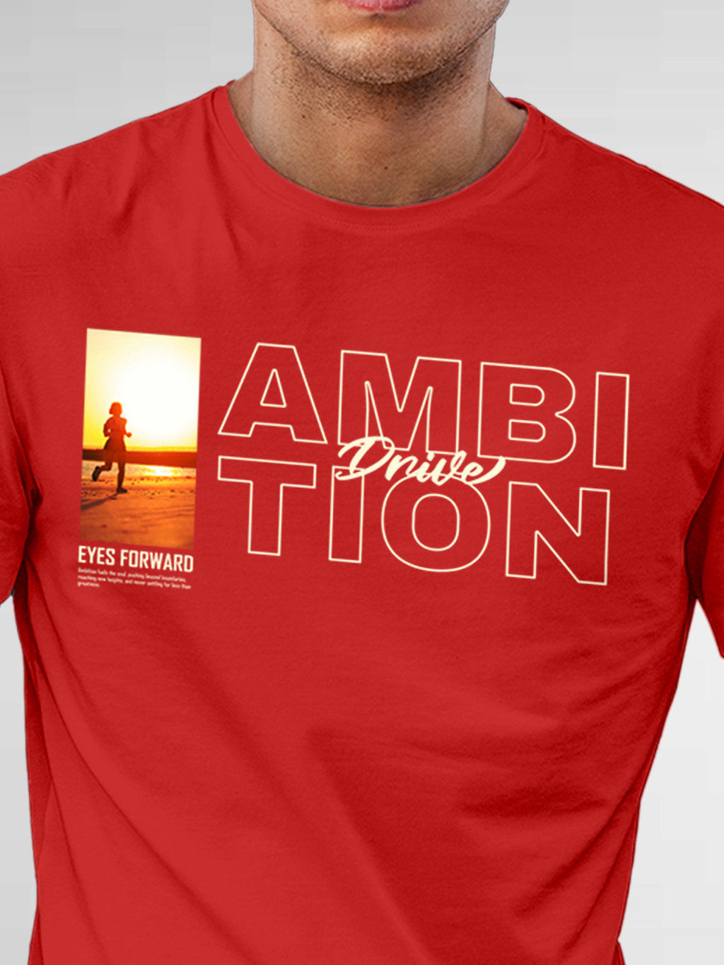 Close up of 'Ambition & Drive' design on Men's Red Round Neck T-shirt, highlighting intricate details and vibrant print.