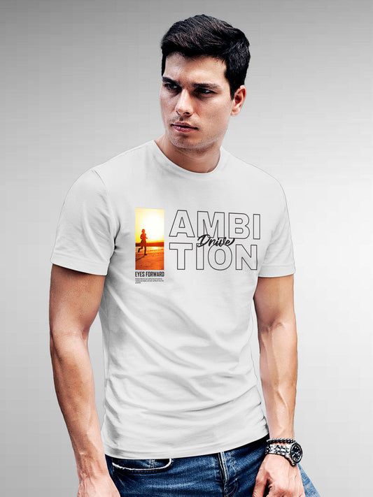Model wearing Men's White Round Neck T-shirt with 'Ambition & Drive' design, offering effortless style and premium comfort