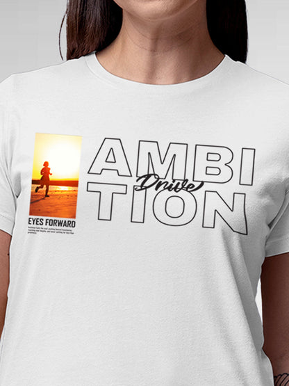 Close up of 'Ambition & Drive' design on Women's White Round Neck T-shirt, highlighting intricate details and vibrant print.