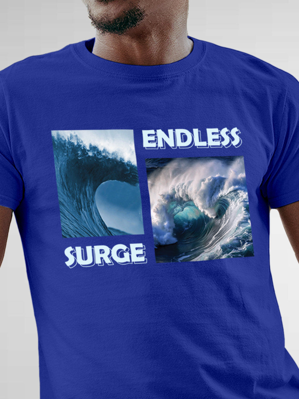 Close up of 'Endless Surge' design on Men's Blue Round Neck T-shirt, highlighting intricate details and vibrant print.