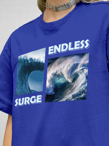 Close up of 'Endless Surge' design on Women's Blue Round Neck T-shirt, highlighting intricate details and vibrant print.