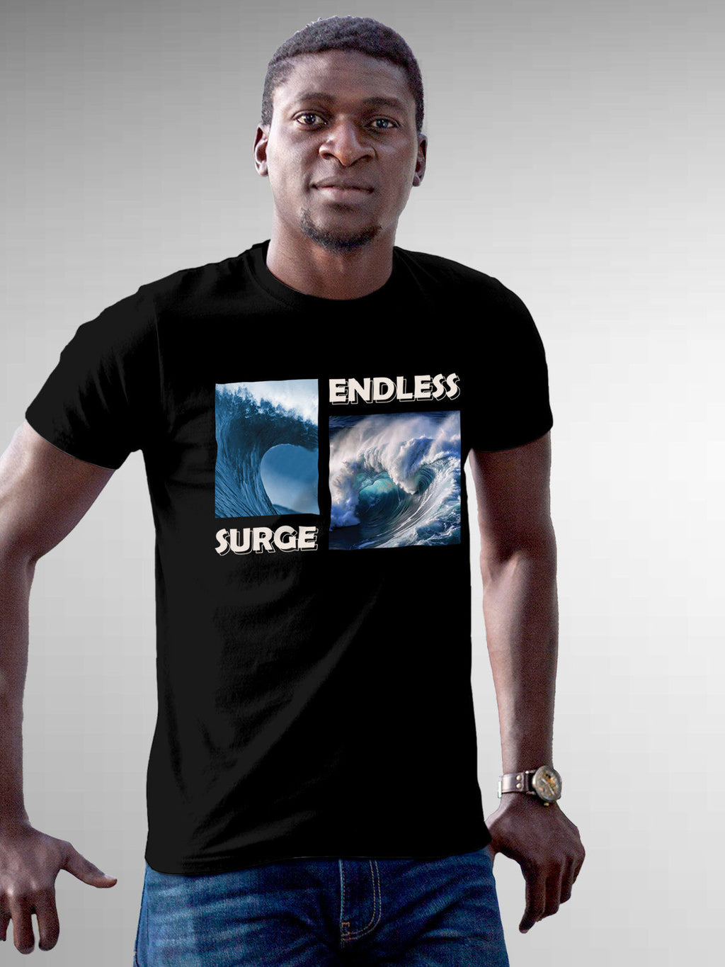 Model wearing Men's Black Round Neck T-shirt with 'Endless Surge' design, offering effortless style and premium comfort