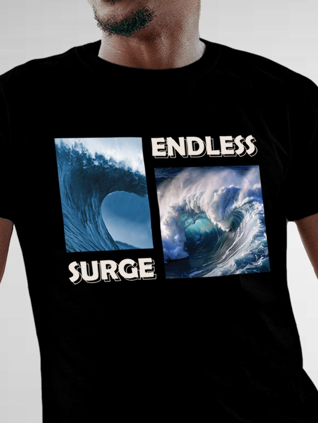 Close up of 'Endless Surge' design on Men's Black Round Neck T-shirt, highlighting intricate details and vibrant print.