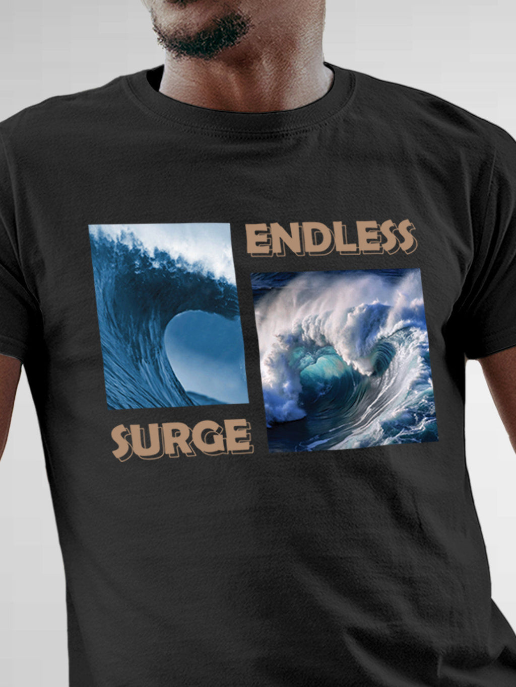 Close up of 'Endless Surge' design on Men's Dark Grey Round Neck T-shirt, highlighting intricate details and vibrant print.