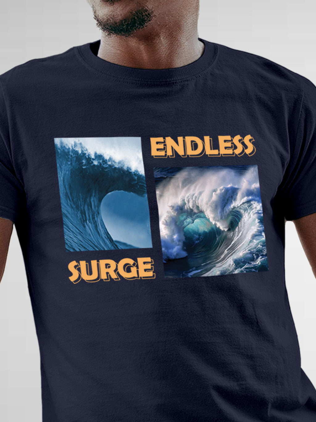 Close up of 'Endless Surge' design on Men's Navy Blue Round Neck T-shirt, highlighting intricate details and vibrant print.