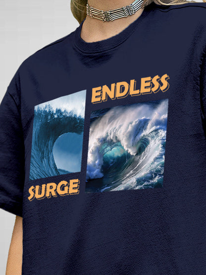 Close up of 'Endless Surge' design on Women's Navy Blue Round Neck T-shirt, highlighting intricate details and vibrant print.