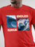 Close up of 'Endless Surge' design on Men's Red Round Neck T-shirt, highlighting intricate details and vibrant print.