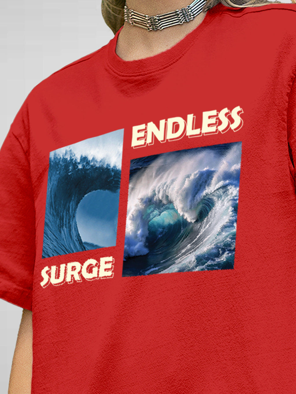 Close up of 'Endless Surge' design on Women's Red Round Neck T-shirt, highlighting intricate details and vibrant print.