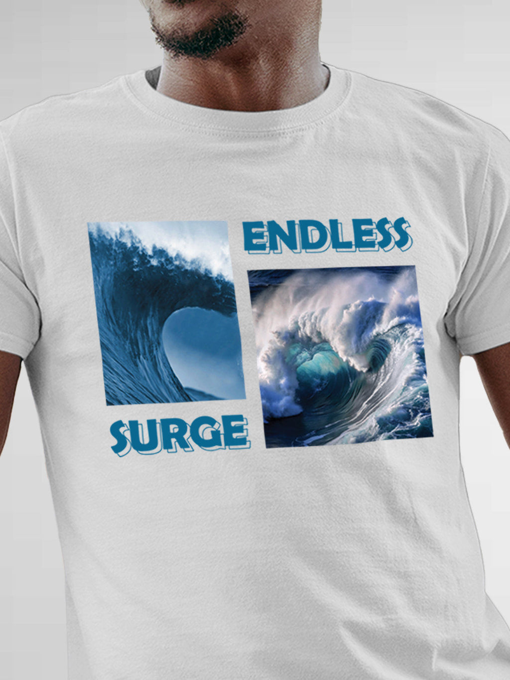 Close up of 'Endless Surge' design on Men's White Round Neck T-shirt, highlighting intricate details and vibrant print.