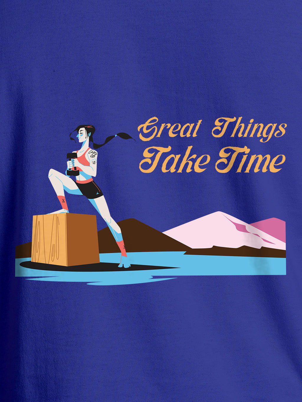 Close up of 'Great Things Take Time' design on Men's Blue Round Neck T-shirt, highlighting intricate details and vibrant print.