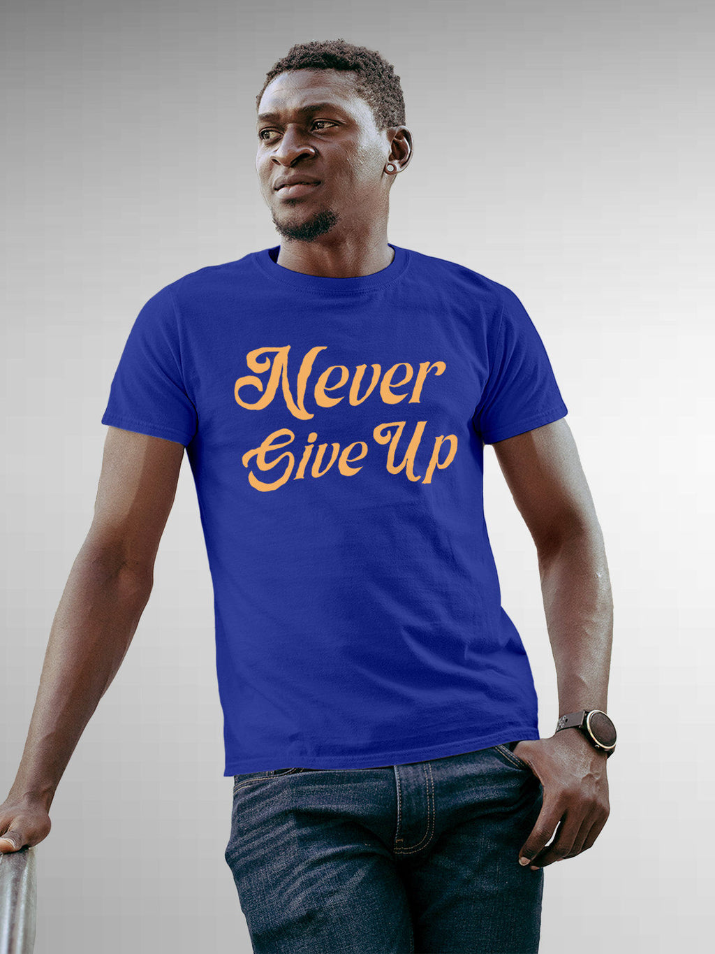 Front view of 'Never Give Up' design on Fighterhero Men's Blue Round Neck T-shirt, highlighting the modern look and clean finish