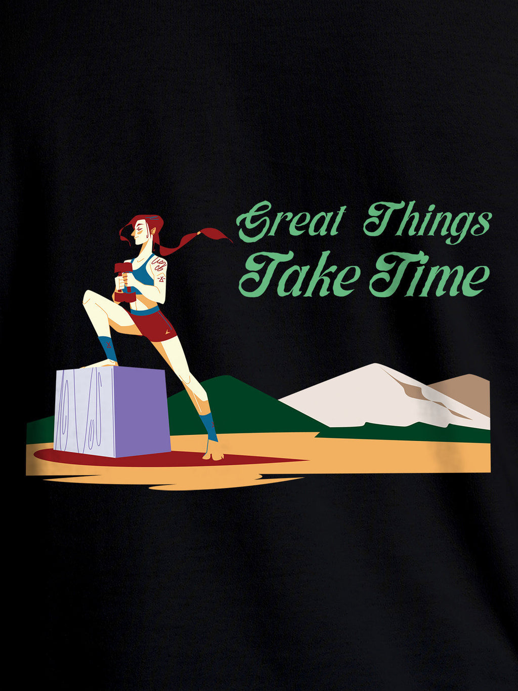 Close up of 'Great Things Take Time' design on Men's Black Round Neck T-shirt, highlighting intricate details and vibrant print.