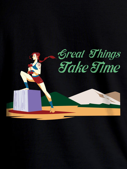 Close up of 'Great Things Take Time' design on Men's Black Round Neck T-shirt, highlighting intricate details and vibrant print.